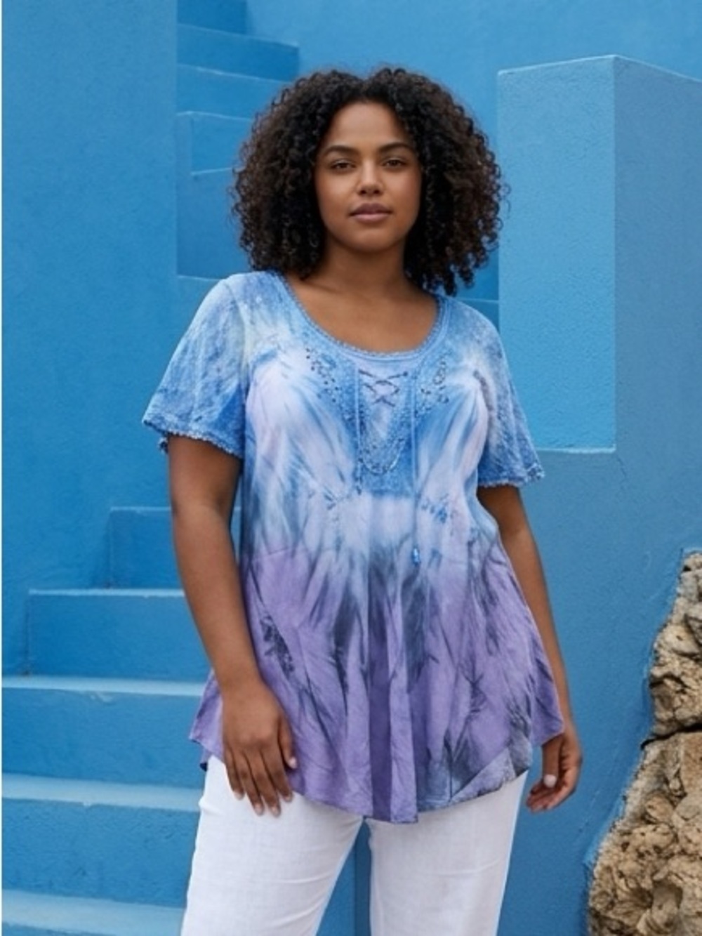 NWT Sakkas Women’s Boho Blue/Purple Ombré Tie Dye Top Blouse Shirt - One Size